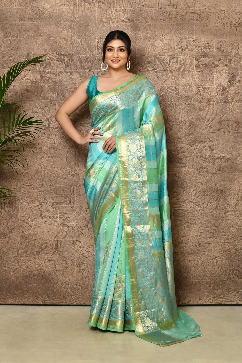 Grey- Green Pure Katan Chiniya Silk Banarasi Handloom Saree With Blouse