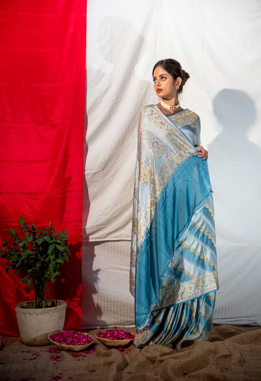 Handloom Light And Dark Powder Blue Mushru Satin Saree With Tanchoi Adda Rangakt Body And Border
