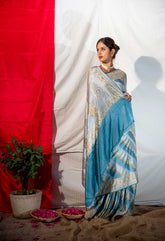 Handloom Light And Dark Powder Blue Mushru Satin Saree With Tanchoi Adda Rangakt Body And Border