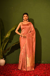 Rose Gold Pink Pure Katan Chiniya Silk Banarasi Handloom Saree With Zari Border And Kadhua Ropa Sona Boota
