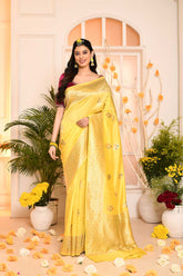 Lemon Yellow Pure Katan Chiniya Silk Banarasi Handloom Saree With Kadhua Meenakari Border And Boota
