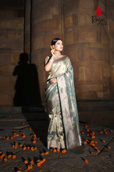 Powder Blue Pure Kora Tissue Banarasi Handloom Saree With Meenakari Boota And Border