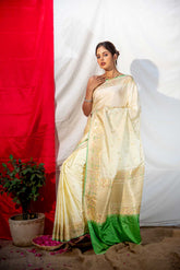 Off White Mushru Satin Banarasi Handloom Saree With Meeenakari Border