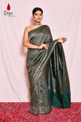 Bottle Green Mushru Satin Brocade Banarasi Handloom Saree