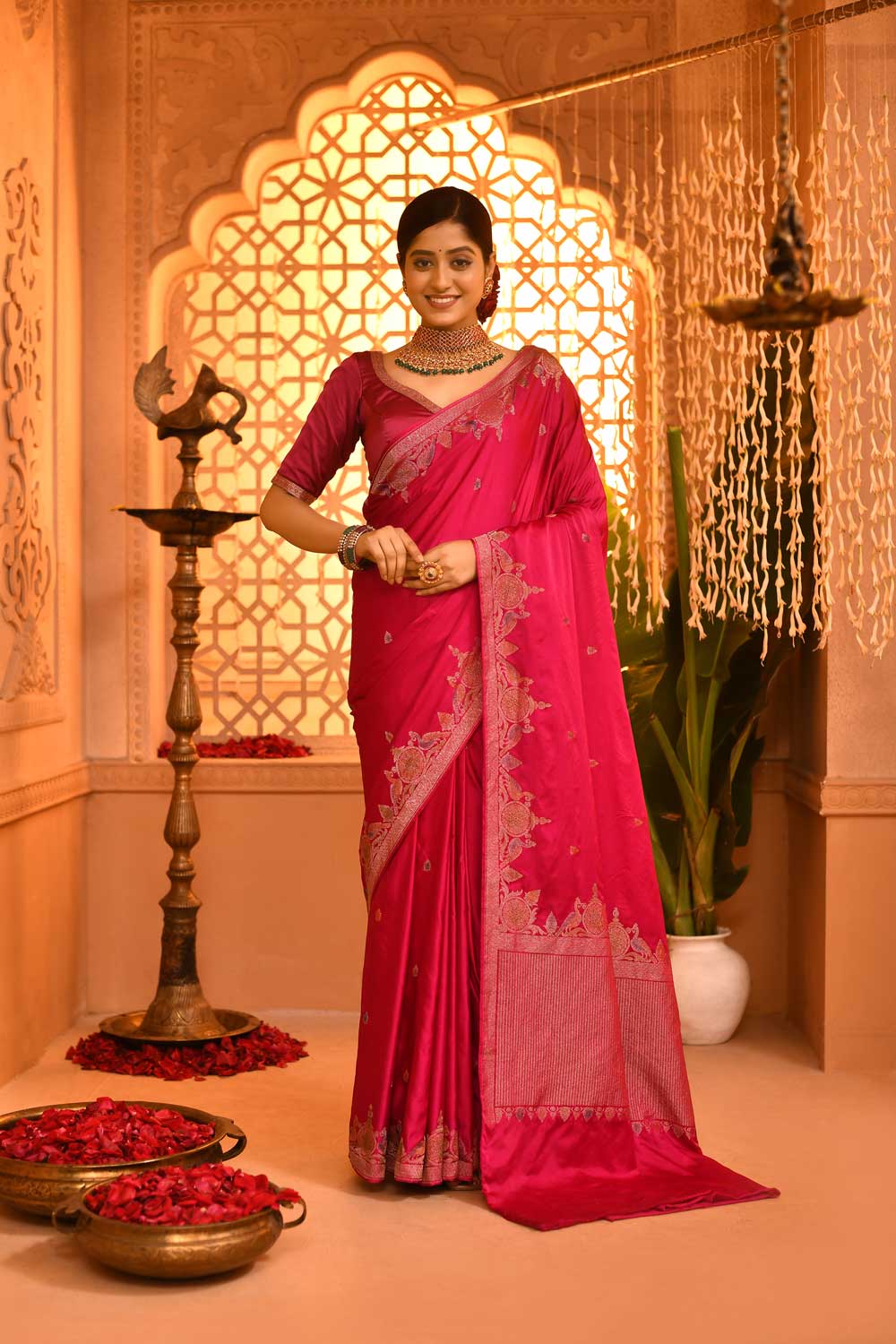 Fuchsia Pink Saree With Meenakari Border Fuchsia Pink Saree With Meenakari Border