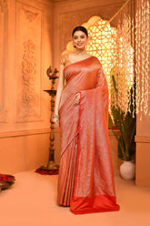 Orange Mushru Satin Banarasi Handloom Saree With Shikargah Meenakari Border