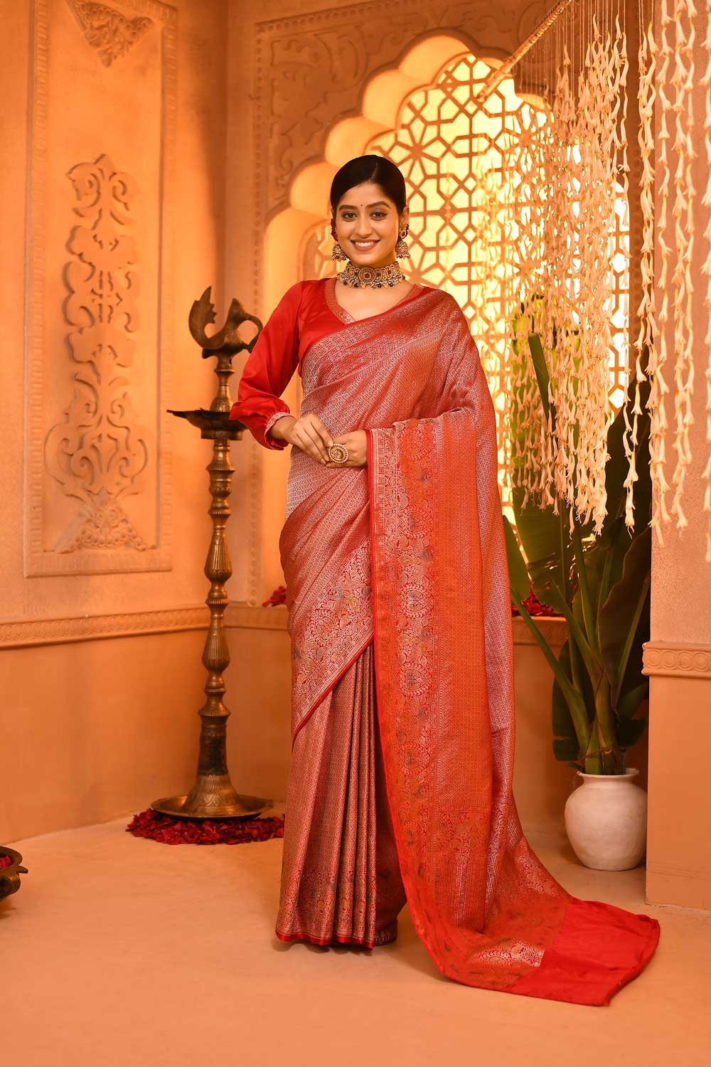Red Mushru Satin Banarasi Handloom Saree With Shikargah Meenakari Border Red Mushru Satin Banarasi Handloom Saree With Shikargah Meenakari Border
