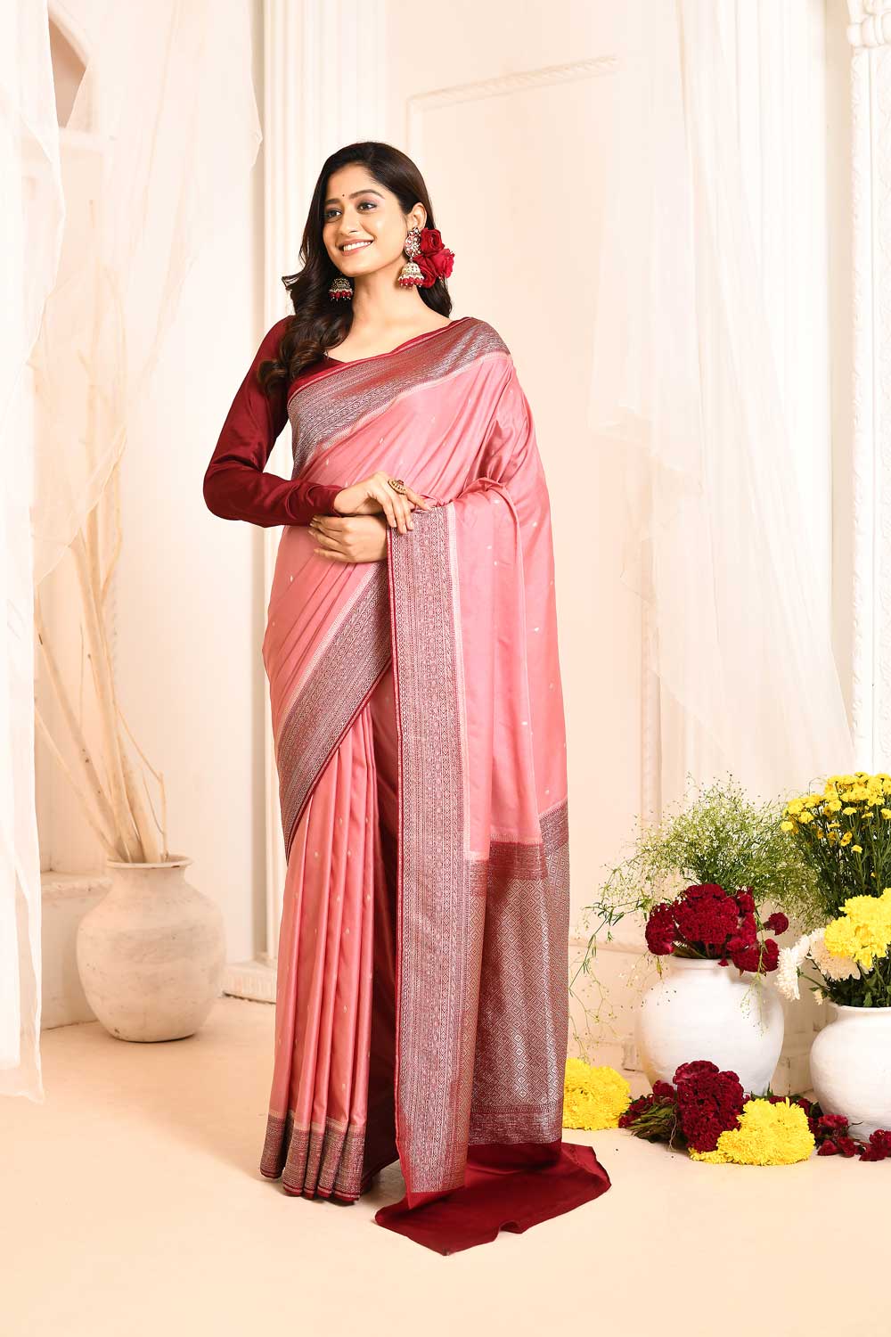 Pink-maroon Mushru Satin Banarasi Handloom Saree With Contrast Border Pink-maroon Mushru Satin Banarasi Handloom Saree With Contrast Border