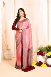 Pink-maroon Mushru Satin Banarasi Handloom Saree With Contrast Border