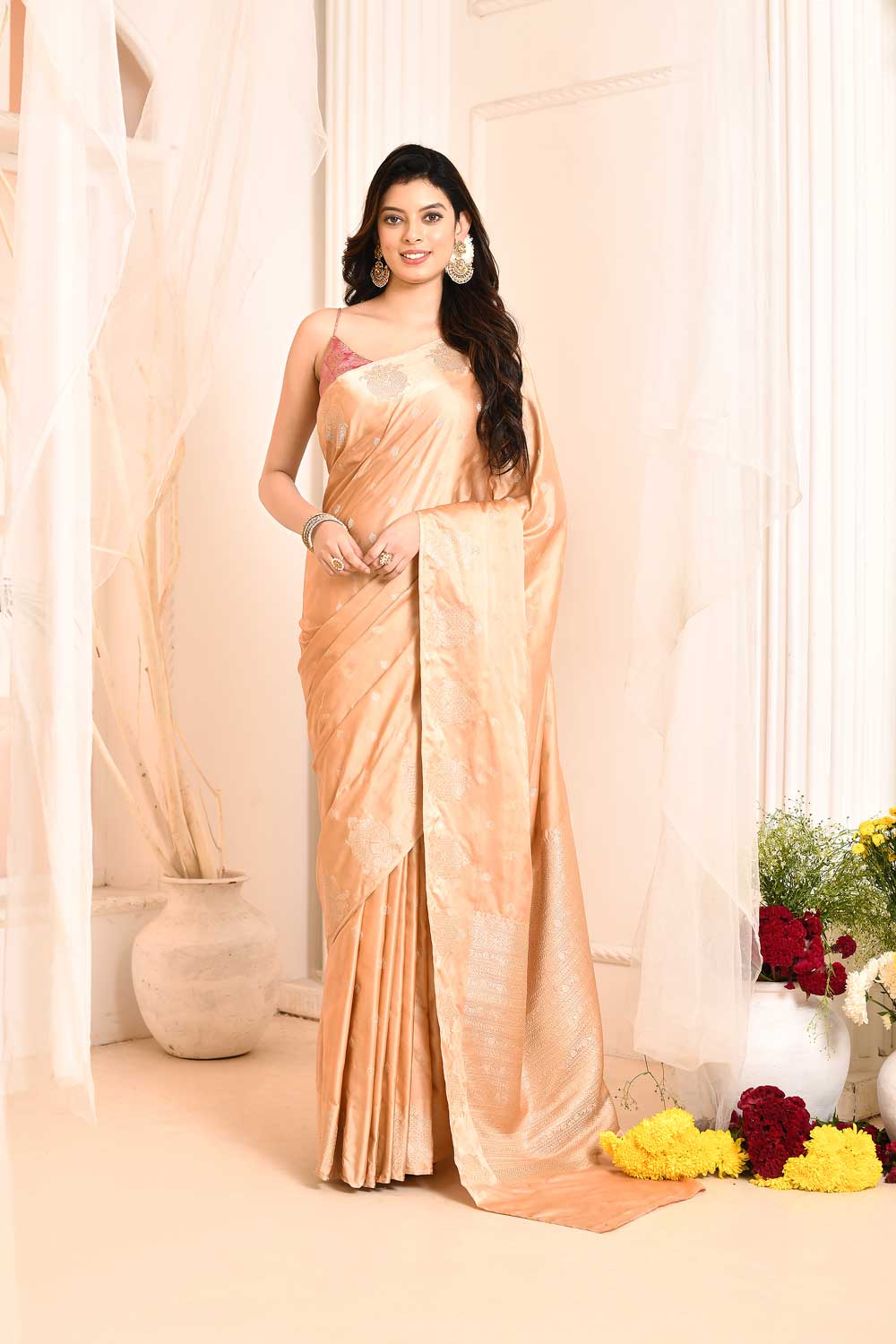 Fawn Mushru Satin Banarasi Handloom Saree With Handwoven Silver Boota Fawn Mushru Satin Banarasi Handloom Saree With Handwoven Silver Boota