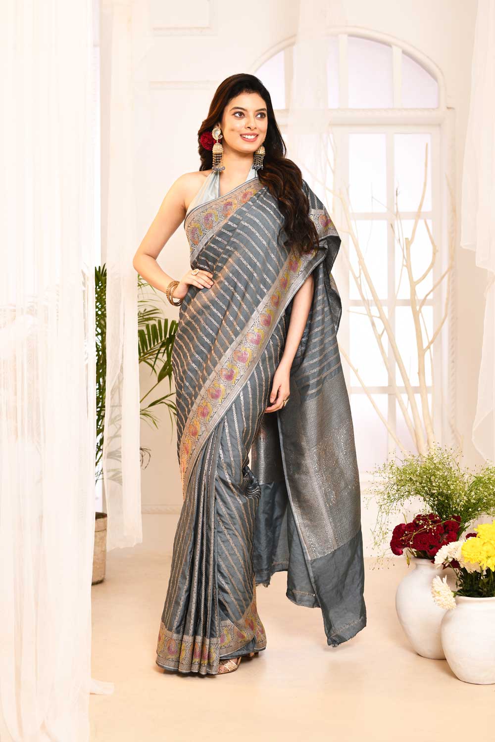 Grey Mushru Satin Banarasi Handloom Saree With Stripe Patterned Design And Meenakari Border Grey Mushru Satin Banarasi Handloom Saree With Stripe Patterned Design And Meenakari Border