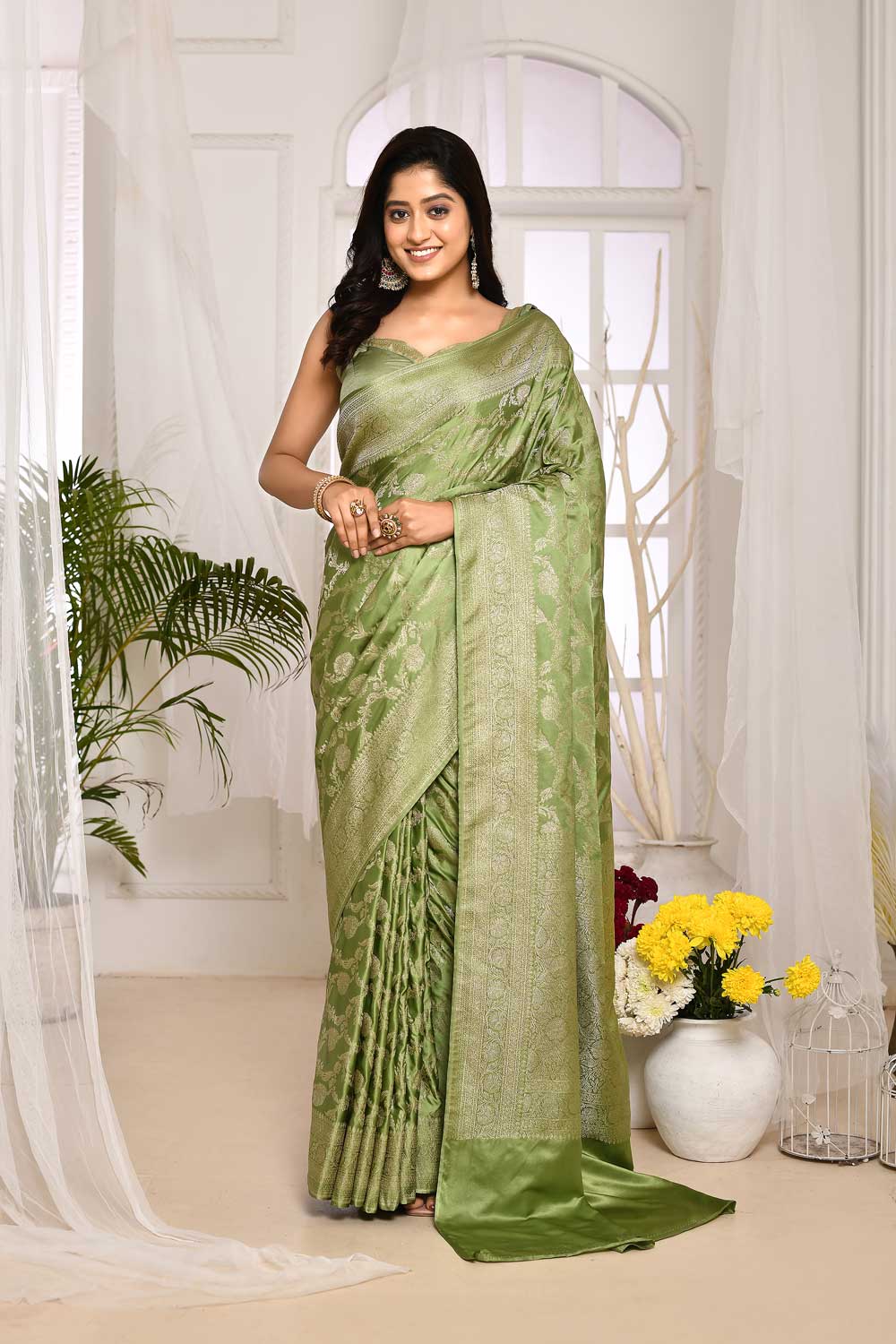 Pastel Green Mushru Satin Banarasi Handloom Saree With All Over Jaal In Silver Zari Pastel Green Mushru Satin Banarasi Handloom Saree With All Over Jaal In Silver Zari