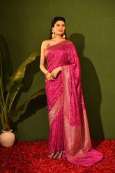 Purple 'Shikargah' Mushru Satin Banarasi Handloom Saree With Tanchoi Jaal Work