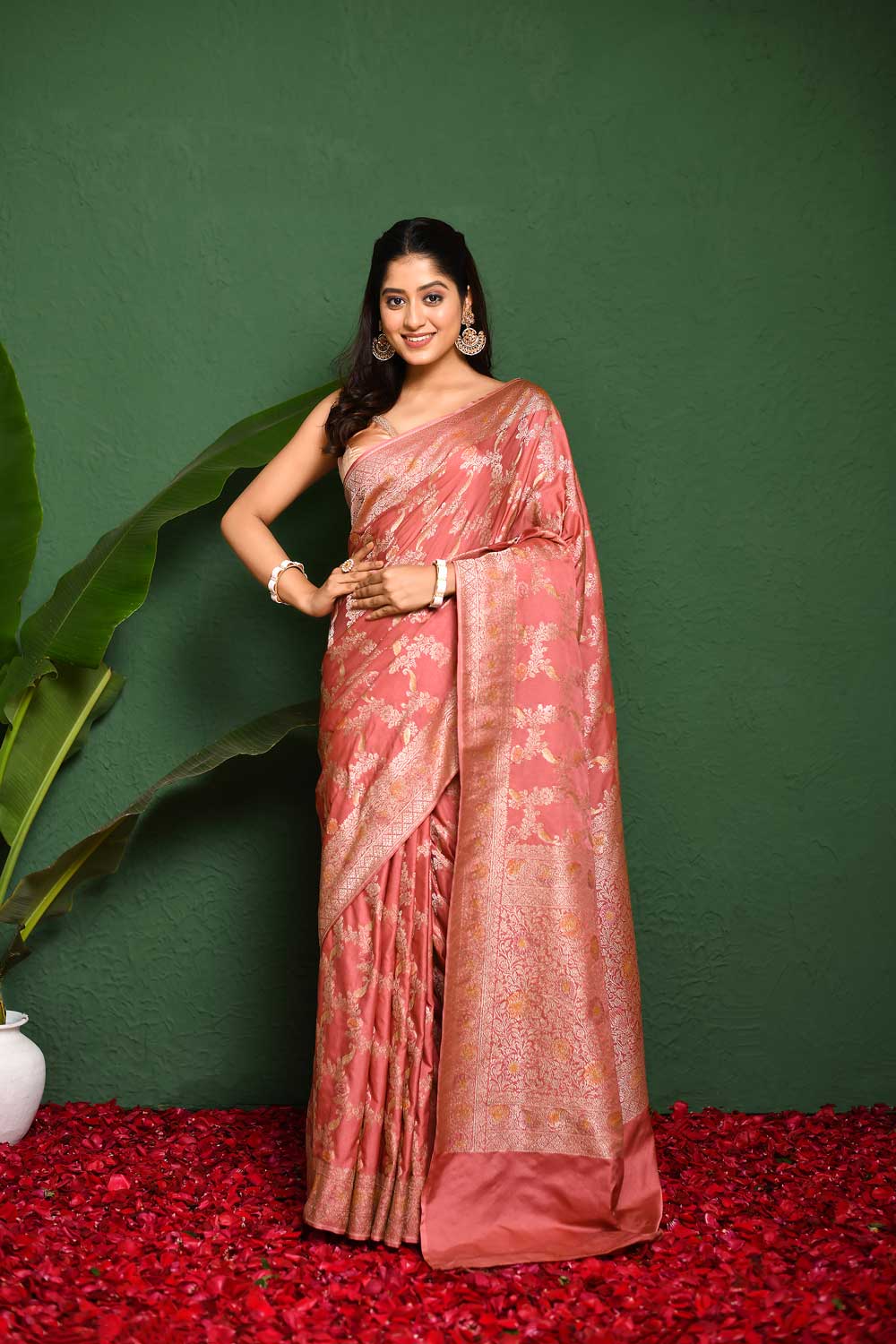 Rosegold Pink Mushru Satin Banarasi Handloom Saree With Meenkari Jaal And Border Rosegold Pink Mushru Satin Banarasi Handloom Saree With Meenkari Jaal And Border