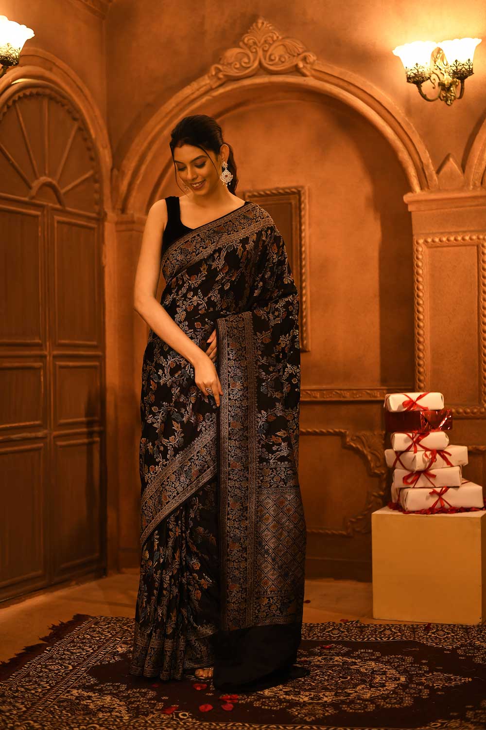 Black Mushru Satin Handloom Saree With Meenakari Jaal And Border Black Mushru Satin Handloom Saree With Meenakari Jaal And Border