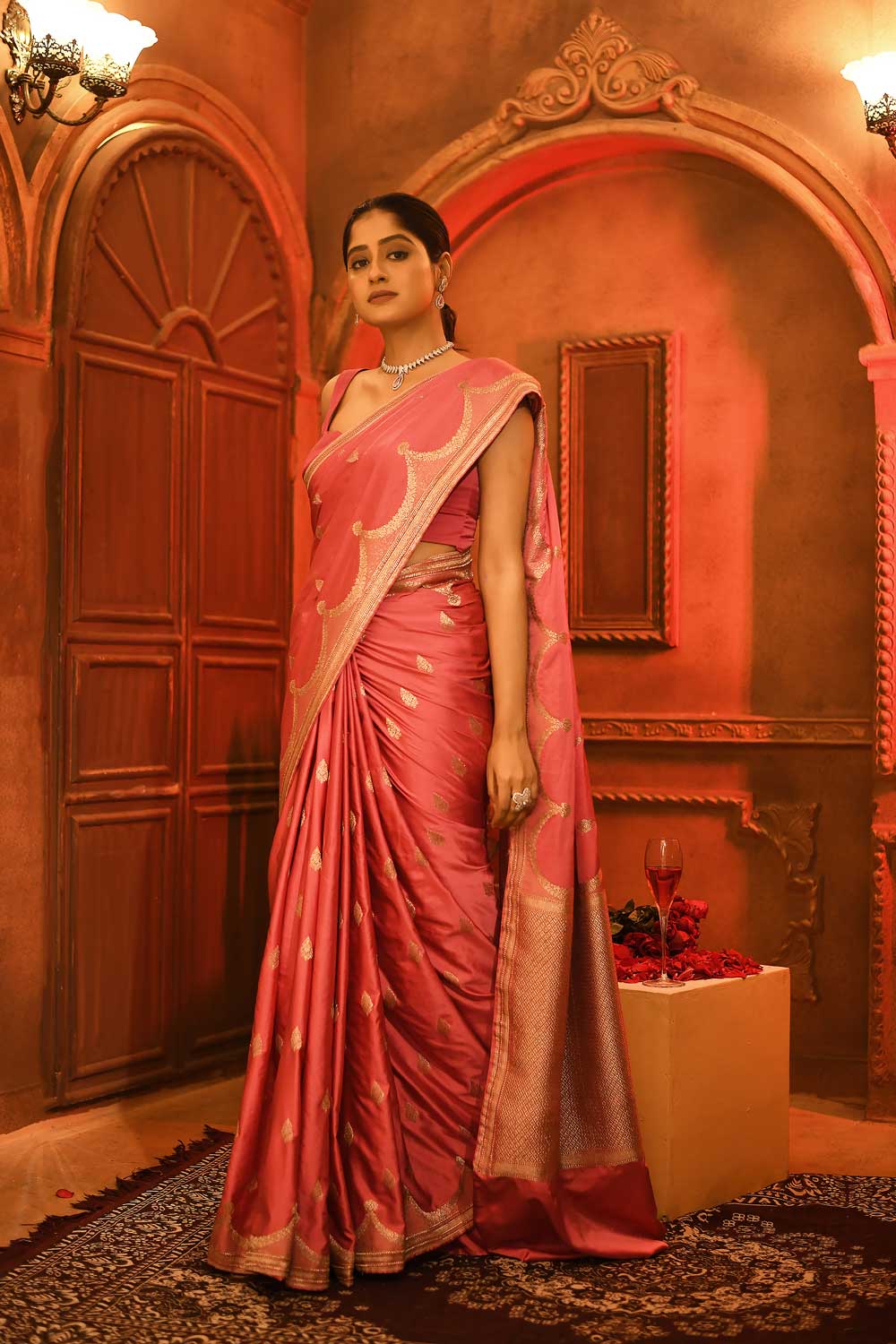 Pink Mushru Satin Banarasi Handloom Saree With Blouse Pink Mushru Satin Banarasi Handloom Saree With Blouse