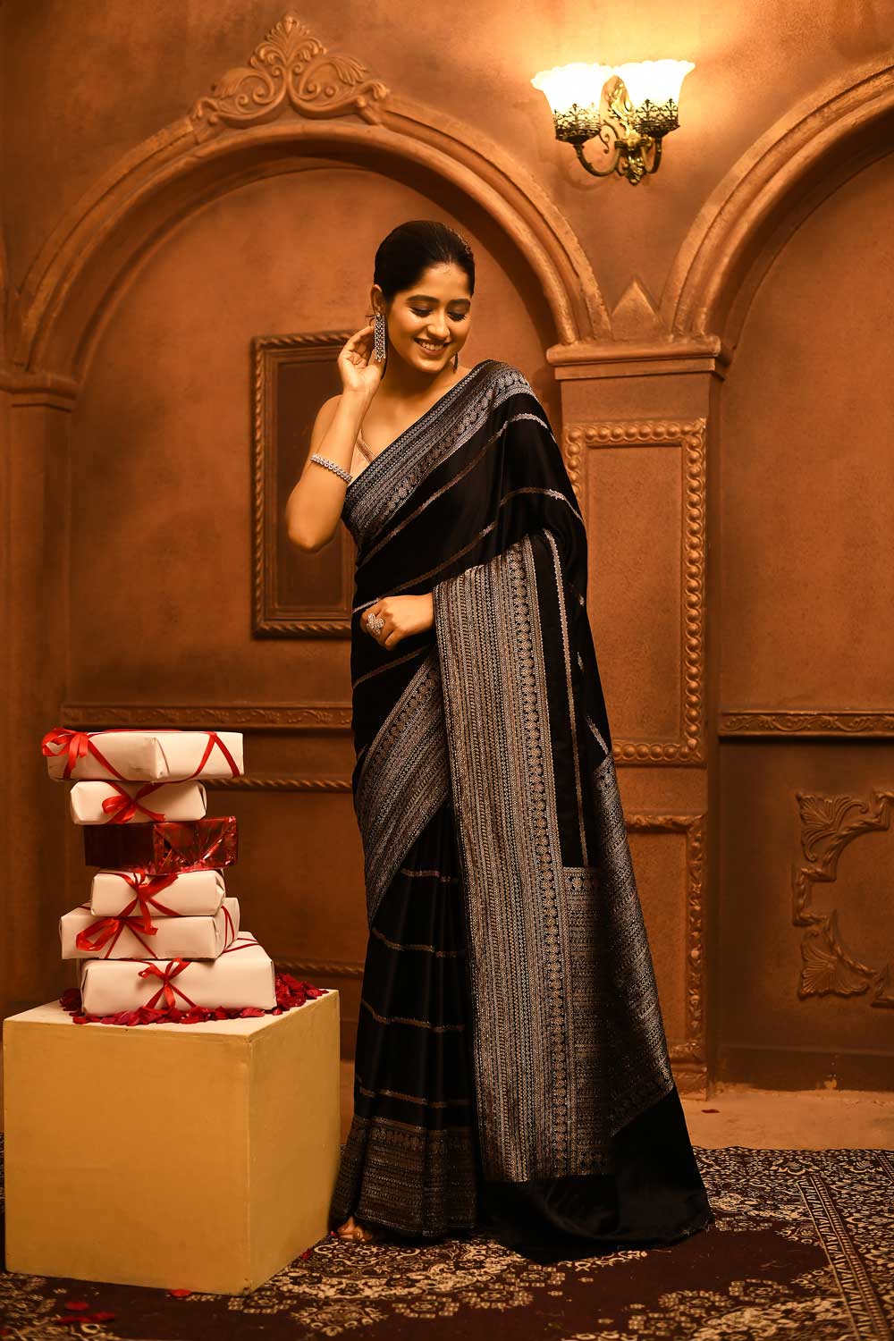 Black Mushru Satin Banarasi Handloom Saree With Modern Contemporary Stripe Patterned Design Black Mushru Satin Banarasi Handloom Saree With Modern Contemporary Stripe Patterned Design