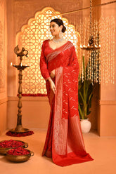 Red 'shikargah' Mushru Satin Banarasi Handloom Saree With Tanchoi Jaal