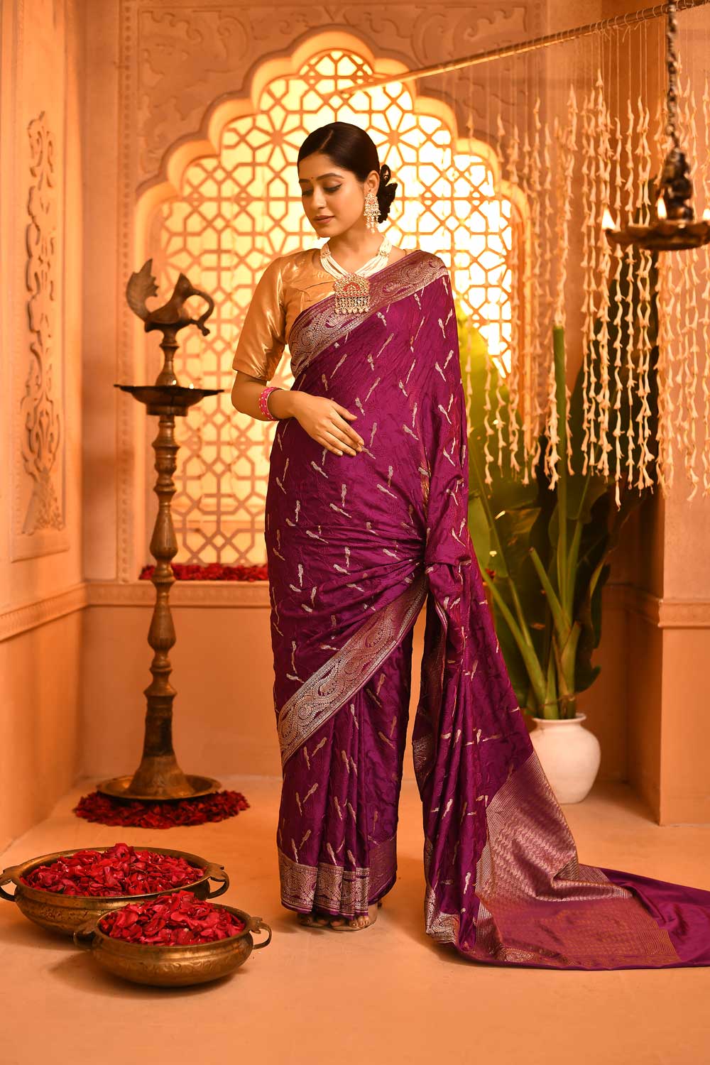Mushru Satin Banarasi Handloom Saree with tanchoi jaal  Mushru Satin Banarasi Handloom Saree with tanchoi jaal
