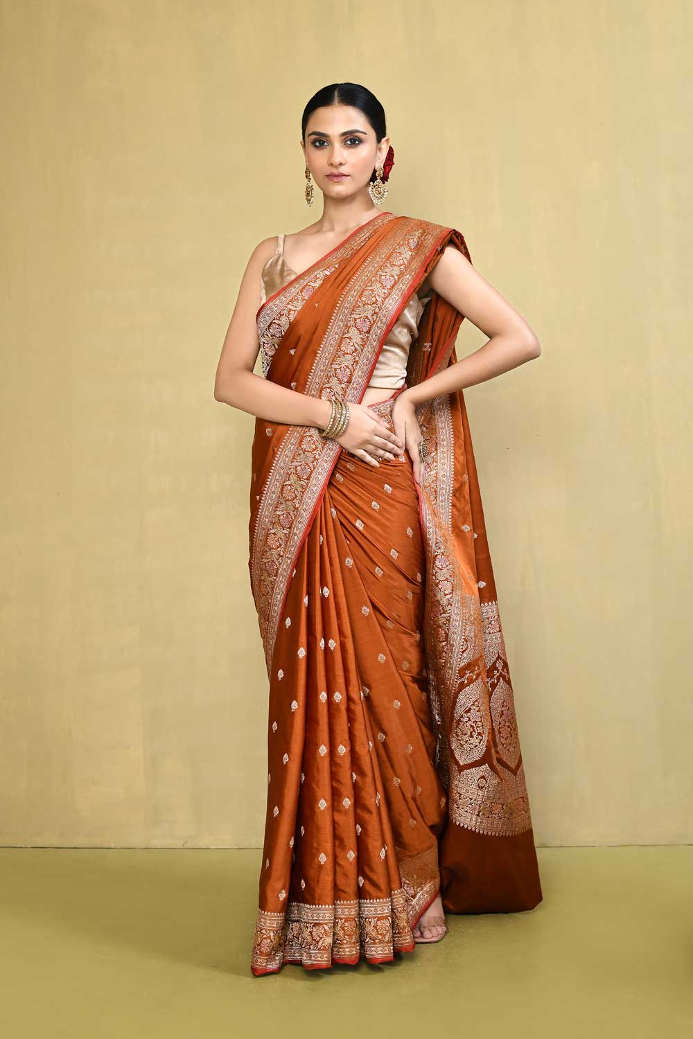 Rust Mushru Satin Banarasi Handloom Saree With Booti And Meenakari Border Rust Mushru Satin Banarasi Handloom Saree With Booti And Meenakari Border