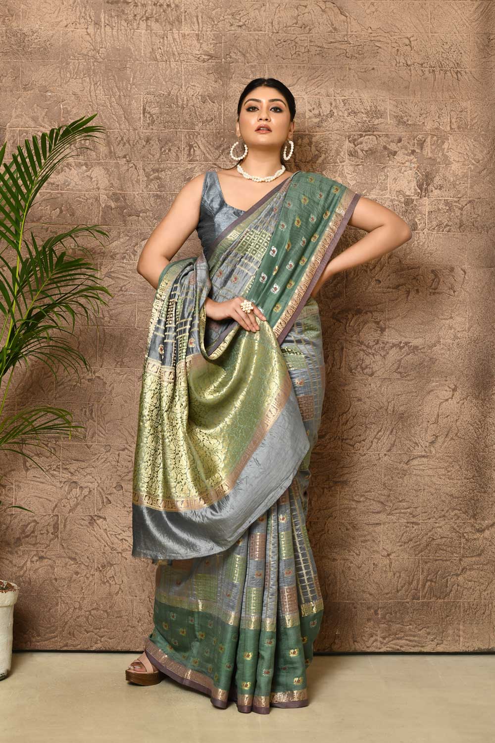 Pine Green-Grey Pure Katan Chiniya Silk Banarasi Handloom Saree Pine Green-Grey Pure Katan Chiniya Silk Banarasi Handloom Saree