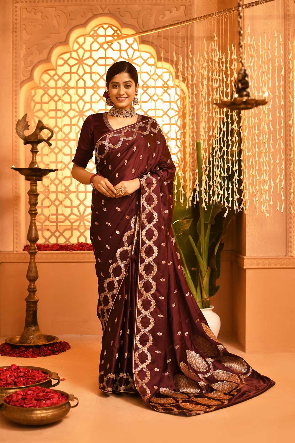 Wine Mushru Satin Banarasi Handloom Saree With Meenakari Border Wine Mushru Satin Banarasi Handloom Saree With Meenakari Border
