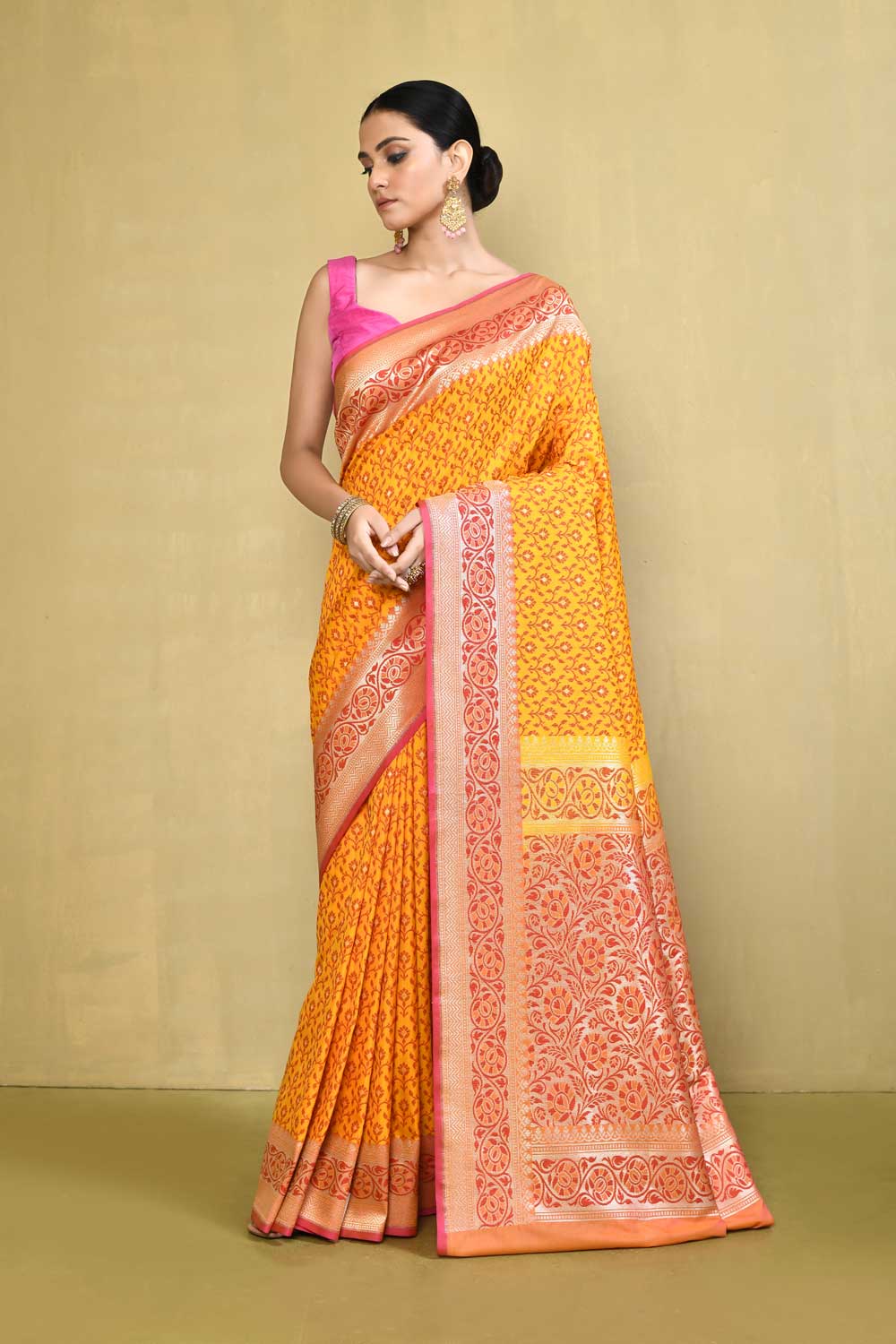 Mustard and Peach Pink Handloom Reshmi Tanchoi Banarasi Saree With Handwoven  Border