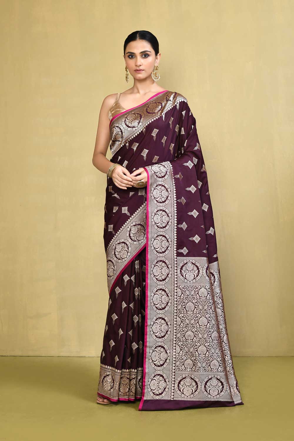 Saree With Handwoven Border In Muted Gold Zari Saree With Handwoven Border In Muted Gold Zari