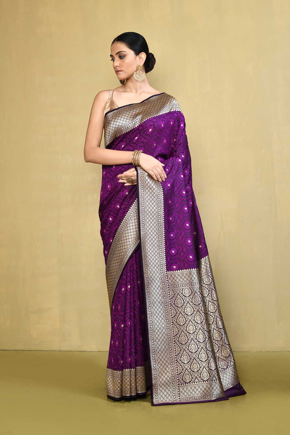 Plum Handloom Reshmi Tanchoi Banarasi Saree With Handwoven  Border Plum Handloom Reshmi Tanchoi Banarasi Saree With Handwoven  Border