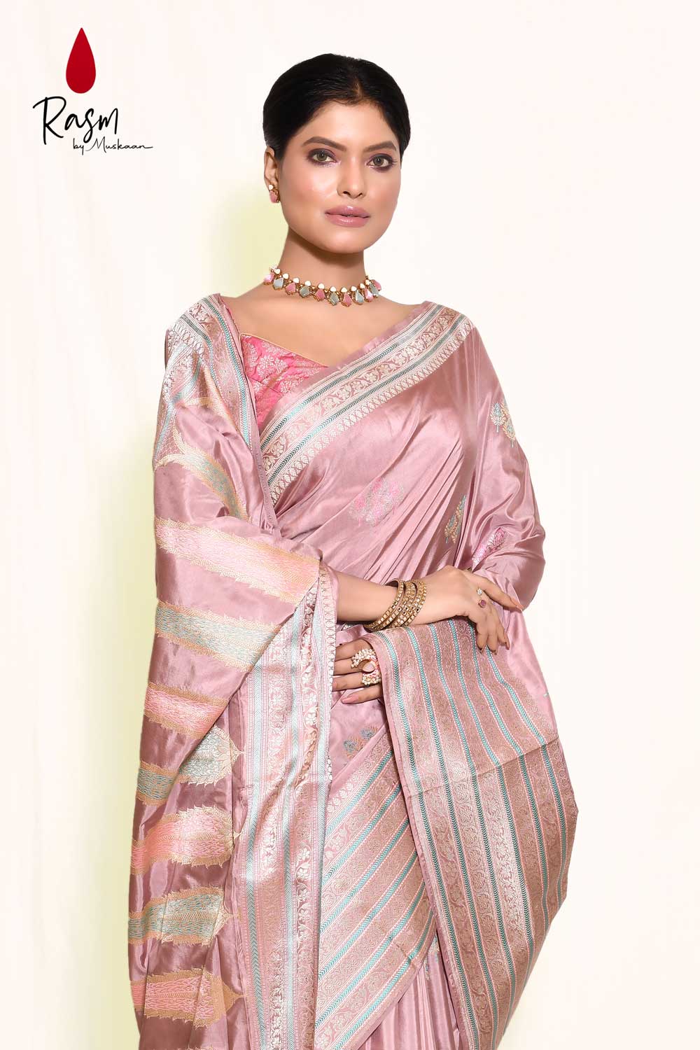 Rose Gold Pure Katan Silk Banarasi Saree With Kadhua Meena Boota Rose Gold Pure Katan Silk Banarasi Saree With Kadhua Meena Boota