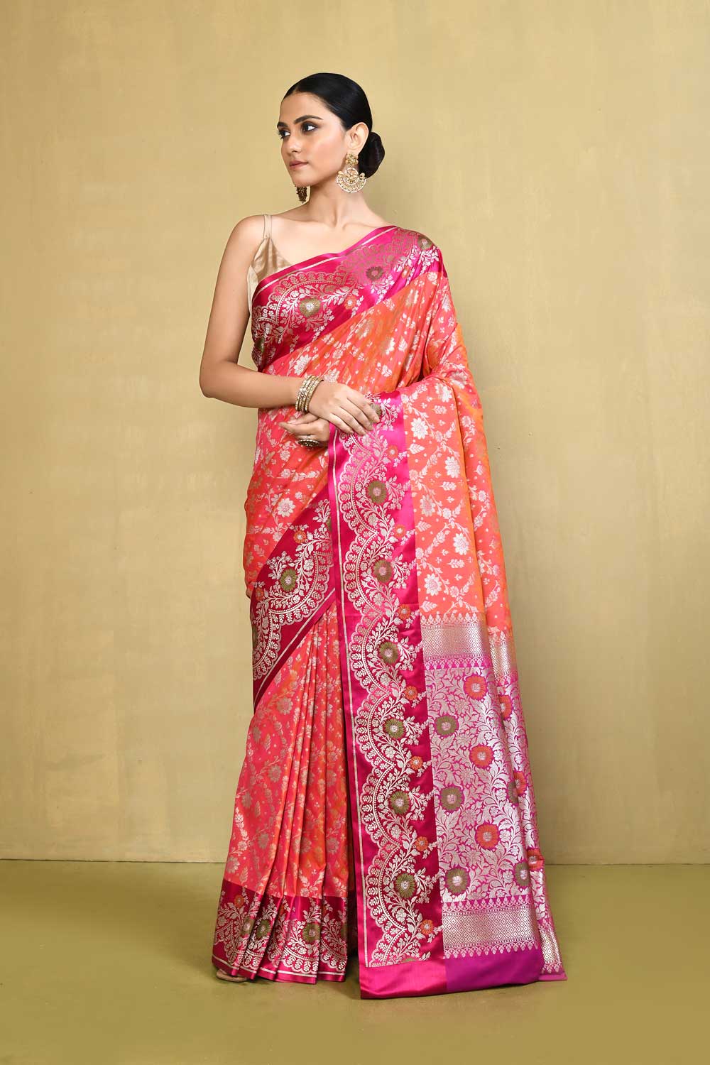 Orange- Peach Pink Banarasi Handloom saree with Contrast Meenakari Border Orange- Peach Pink Banarasi Handloom saree with Contrast Meenakari Border