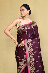 Deep Wine Banarasi Handloom Saree With Scalloped Border