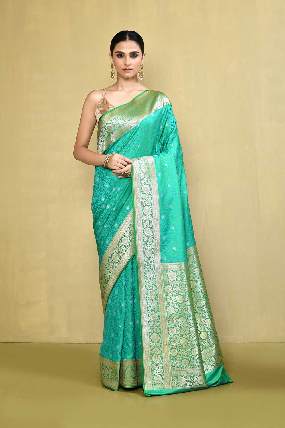 Sea Green Handloom Reshmi Tanchoi Banarasi Saree With Handwoven  Border Sea Green Handloom Reshmi Tanchoi Banarasi Saree With Handwoven  Border