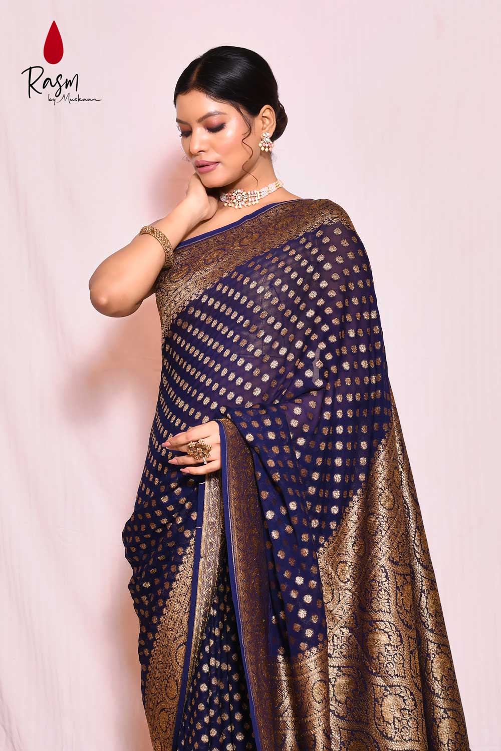 Navy Blue Pure Khaddi Georgette Silk Banarasi Handloom Saree With Antique Zari Booti Navy Blue Pure Khaddi Georgette Silk Banarasi Handloom Saree With Antique Zari Booti
