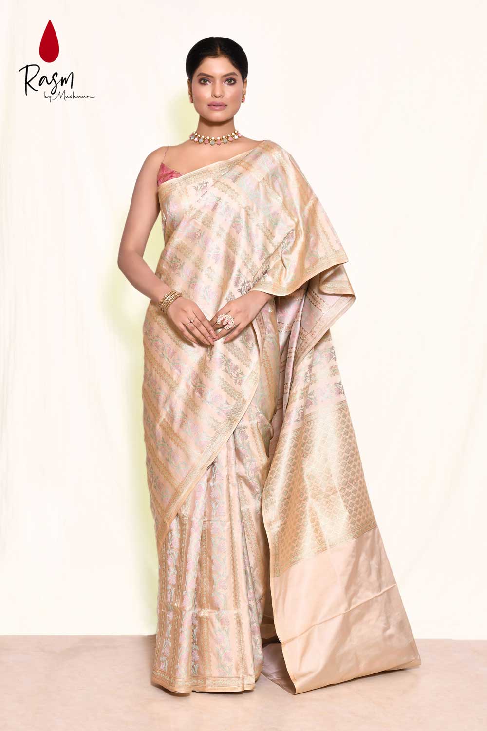 Tussar-beige Jamawar Pure Katan Silk Banarasi Handloom Saree Tussar-beige Jamawar Pure Katan Silk Banarasi Handloom Saree