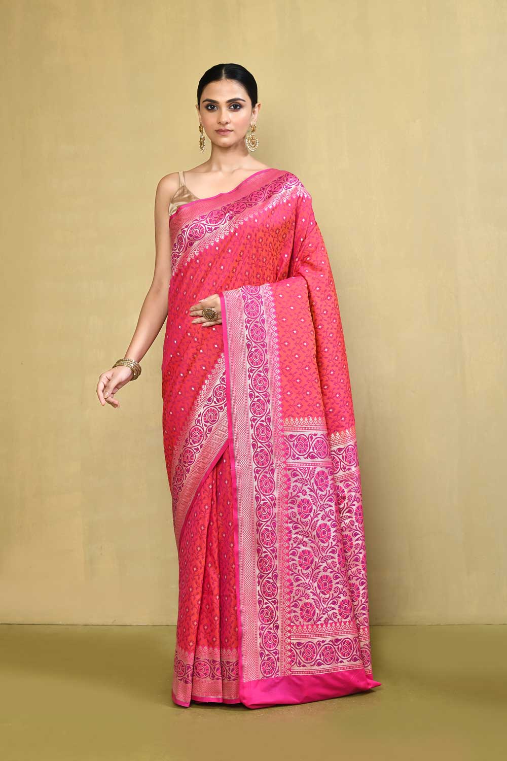 Peach- Pink Handloom Reshmi Tanchoi Saree With Handwoven Border Peach- Pink Handloom Reshmi Tanchoi Saree With Handwoven Border
