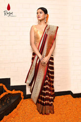 Tanchoi Banarasi Handloom Saree With Contemporary Stripe Pattern Design