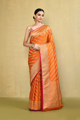 Orange Banarasi Handloom Saree With contemporary adda stripe pattern Design
