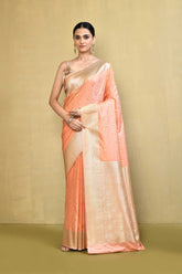 Light Peach Handloom Reshmi Tanchoi Banarasi Saree With Handwoven Border