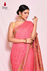 Pink Pure Khaddi Georgette Silk Banarasi Handloom Saree With Meenakari Boota