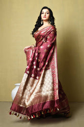 Wine Pure Katan Dupion Silk Banarasi Handloom Saree With Meena Boota And Border