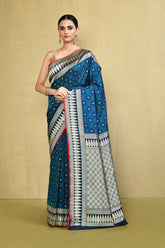 Blue Handloom Reshmi Tanchoi Banarasi Saree With Handwoven Border