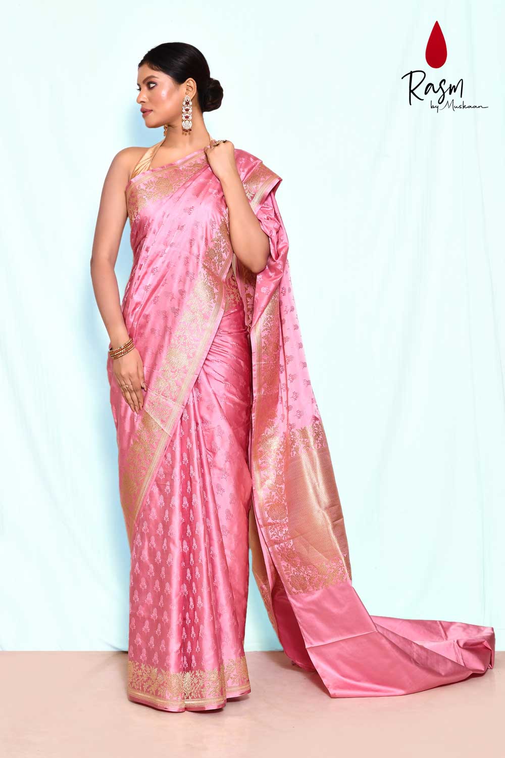 Pink Pure Katan Mushru Silk Banarasi Handloom Saree With Kadhua Border Pink Pure Katan Mushru Silk Banarasi Handloom Saree With Kadhua Border