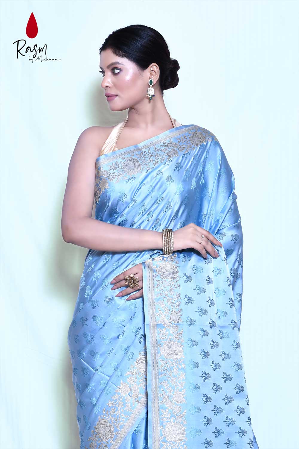 Blue Pure Katan Mushru Silk Saree With Kadhua Border Blue Pure Katan Mushru Silk Saree With Kadhua Border