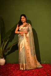 Light Grey Pure Kora Organza Banarasi Handloom Silk Saree With Kadhua Boota And Border In Gold Zari And Meenakari Work