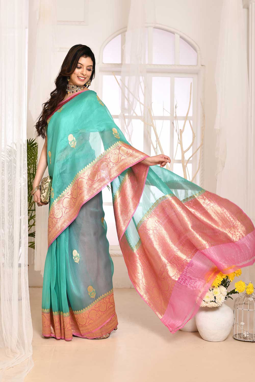 Sea Green Banarasi kora Handloom Silk Saree Sea Green Banarasi kora Handloom Silk Saree