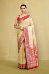 Tussar/Beige - Red Banarasi Saree With Contrast Meenakari Border