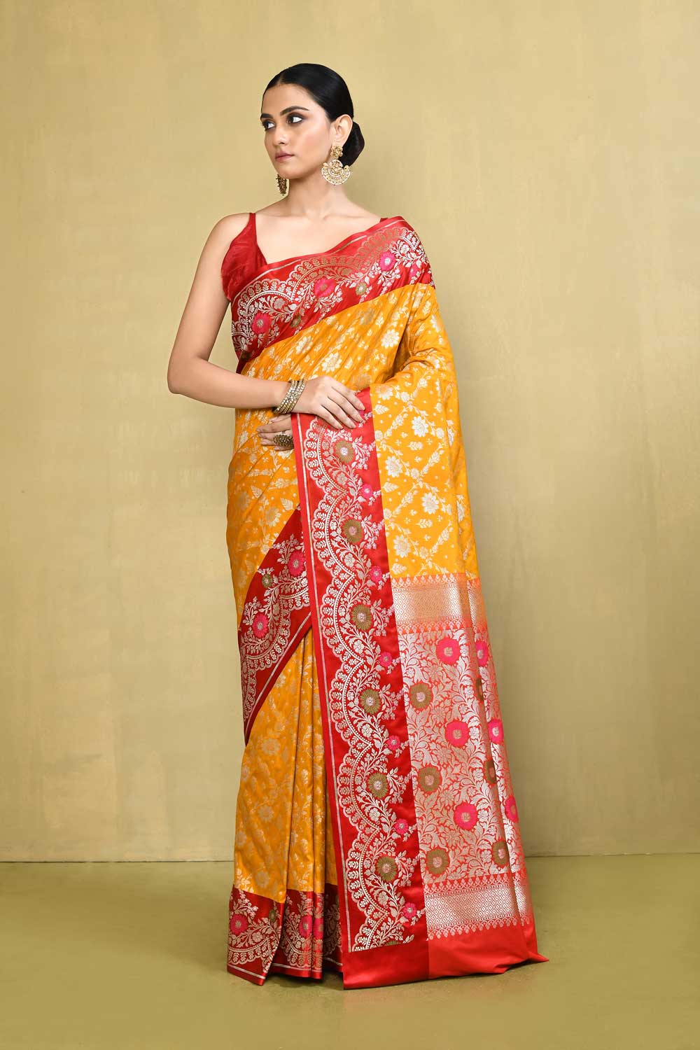Mustard Yellow - Red Banarasi Handloom Saree with Contrast Meenakari Border Mustard Yellow - Red Banarasi Handloom Saree with Contrast Meenakari Border