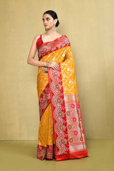 Mustard Yellow - Red Banarasi Handloom Saree with Contrast Meenakari Border