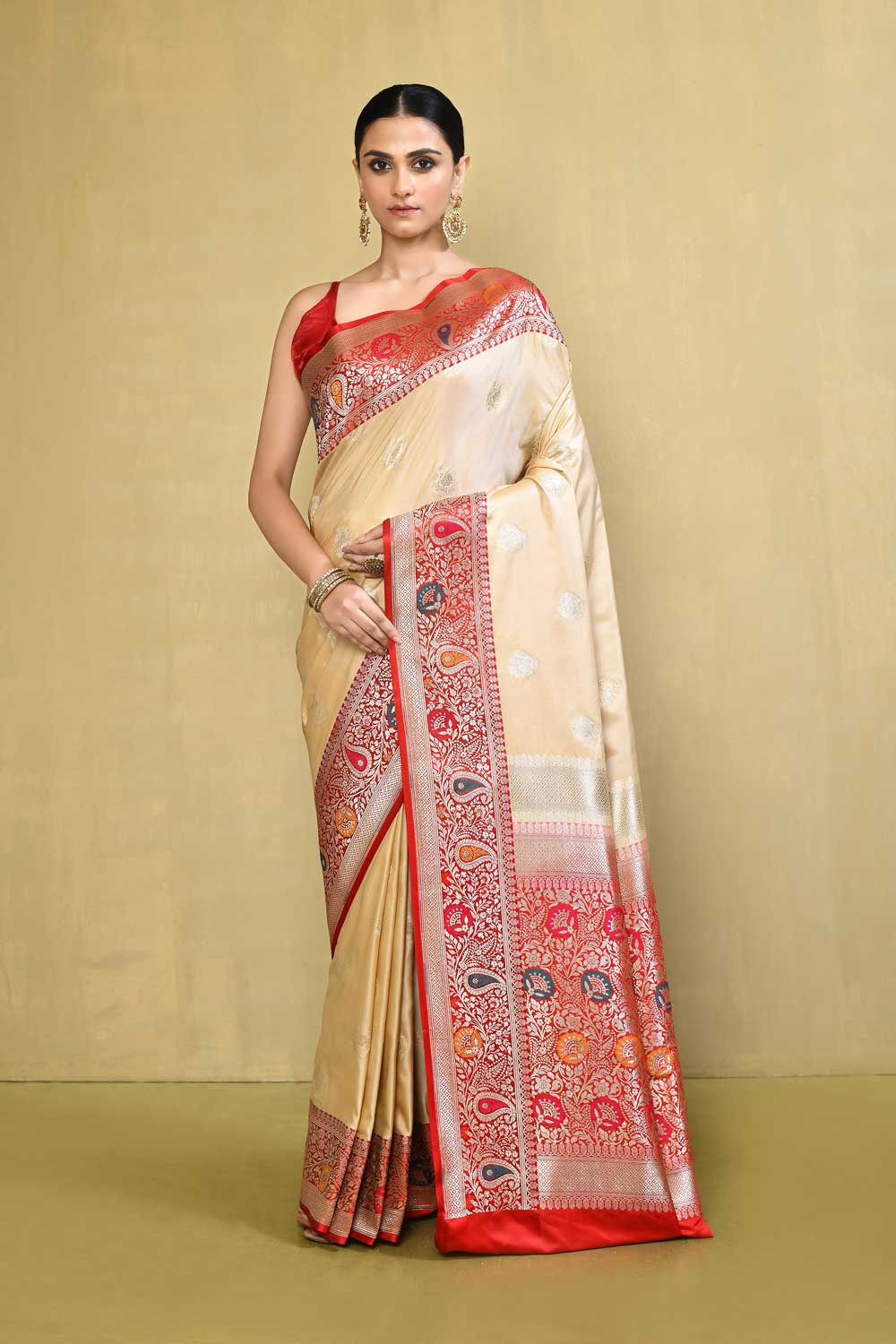 Tussar/ Beige - Red Banarasi Saree With Blouse Tussar/ Beige - Red Banarasi Saree With Blouse